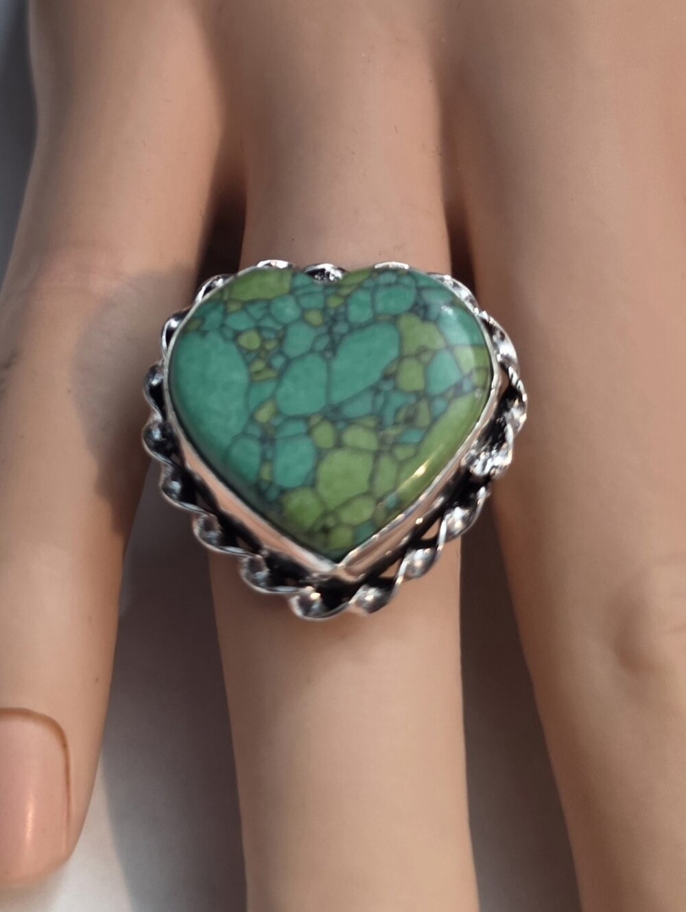 925 Sterling Silver Natural Stone Heart Ring Size 6.5 Green Blue Matrix